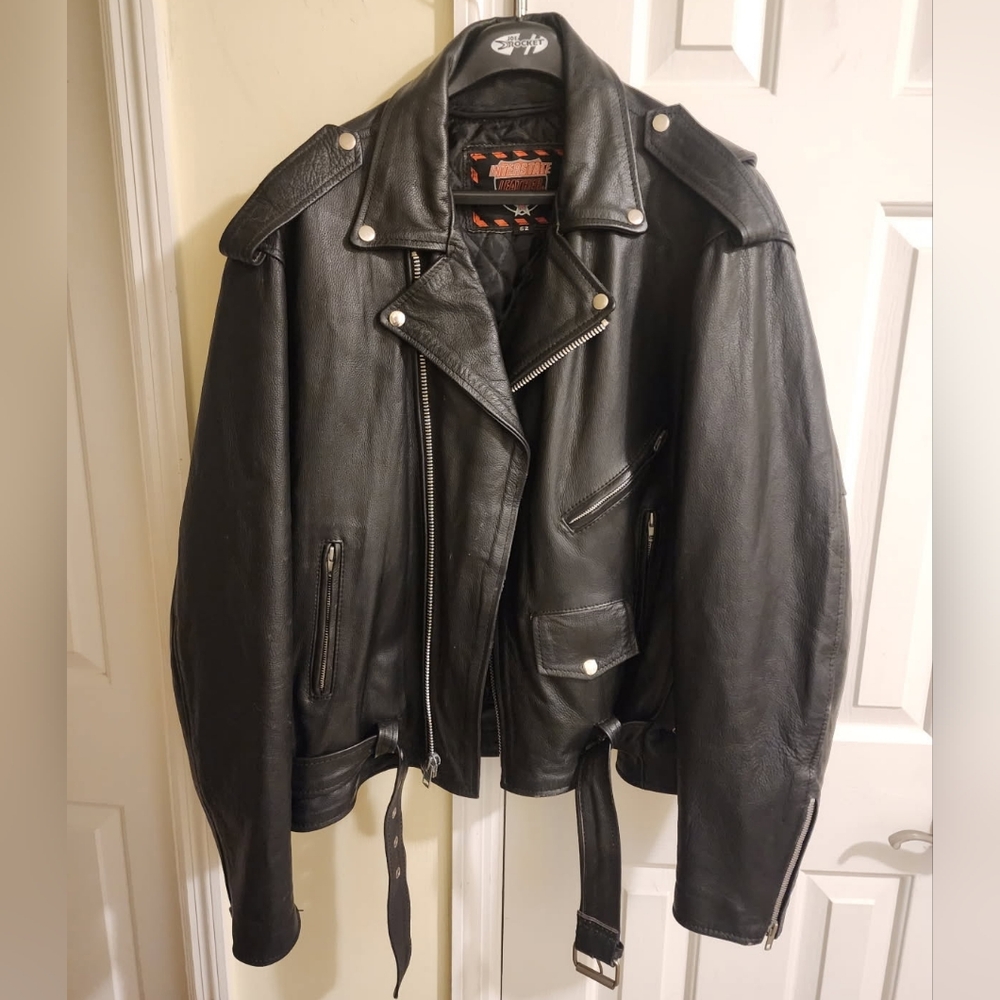 Interstate Leather Motorcycle Jacket MENS Black Full Zip Buckle Lined SIZE 52